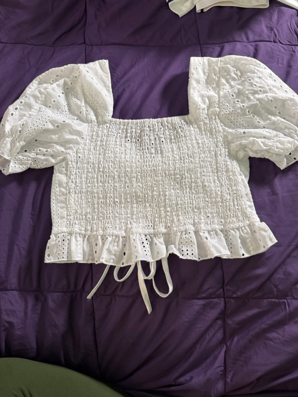 Smocked Eyelet Puff Sleeve Crop Top - White - Picture 5 of 5